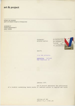 Publication announcement: january 1971: art & project announces the publication of a booklet...
