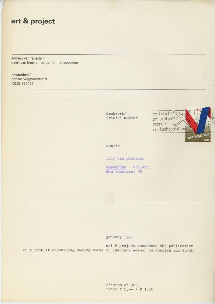 Item ID: 10175 Publication announcement: january 1971: art & project announces the publication of...