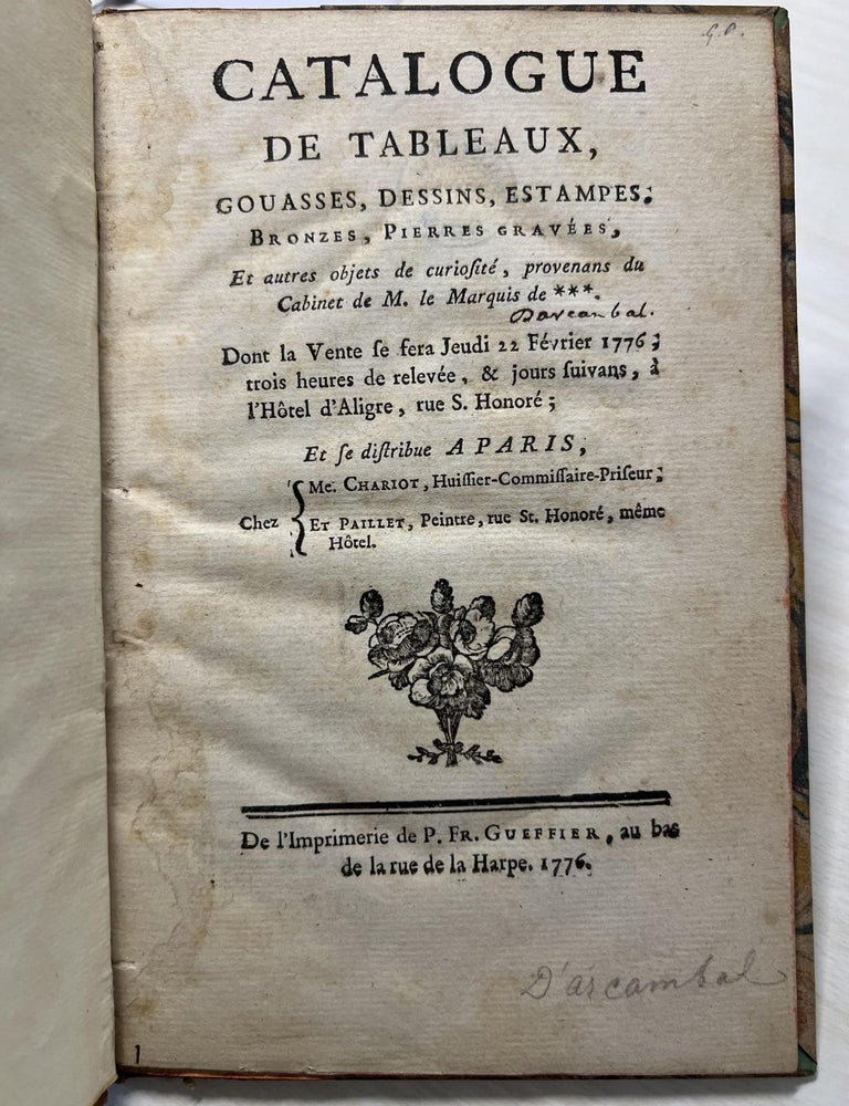 Item ID: 10595 Catalogue de Tableaux, Gouasses, Dessins, Estampes, Bronzes, Pierres gravées, et...