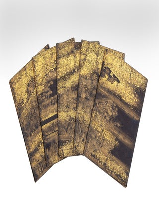 Manuscript on fine gold-decorated torinoko paper, entitled on manuscript labels of persimmon-colored paper, brushed with gold & pasted on upper covers, &ldquo;Genji kokagami&rdquo; 源氏小鏡 [&ldquo;A Little Mirror of the Tale of Genji&rdquo;].