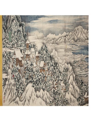 Picture handscroll (emaki) on paper, with four extremely long & highly detailed seasonal paintings, using brush & many colors of pigment, of four different views of the landscapes of Kobe, the connecting coastline, prominent landmarks, Osaka in the distance, the Inland Sea, & surrounding mountains.