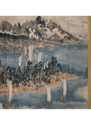 Picture handscroll (emaki) on paper, with four extremely long & highly detailed seasonal paintings, using brush & many colors of pigment, of four different views of the landscapes of Kobe, the connecting coastline, prominent landmarks, Osaka in the distance, the Inland Sea, & surrounding mountains.
