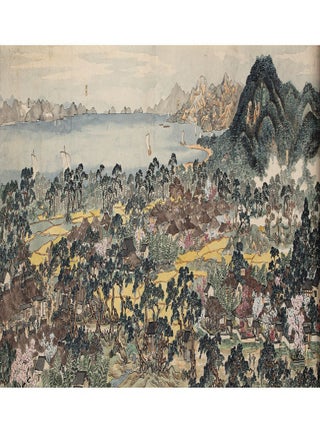 Picture handscroll (emaki) on paper, with four extremely long & highly detailed seasonal paintings, using brush & many colors of pigment, of four different views of the landscapes of Kobe, the connecting coastline, prominent landmarks, Osaka in the distance, the Inland Sea, & surrounding mountains.