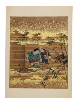 Orihon (accordion) album containing 12 fine paintings depicting the steps of harvesting and. Shisen 端館紫川 HASHIDATE, artist.