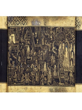 Manuscript sutra soshokukyō 装飾経 scroll on indigo-dyed paper of the &ldquo;Gokitō kyō&rdquo;. LOTUS SUTRA SCROLL.