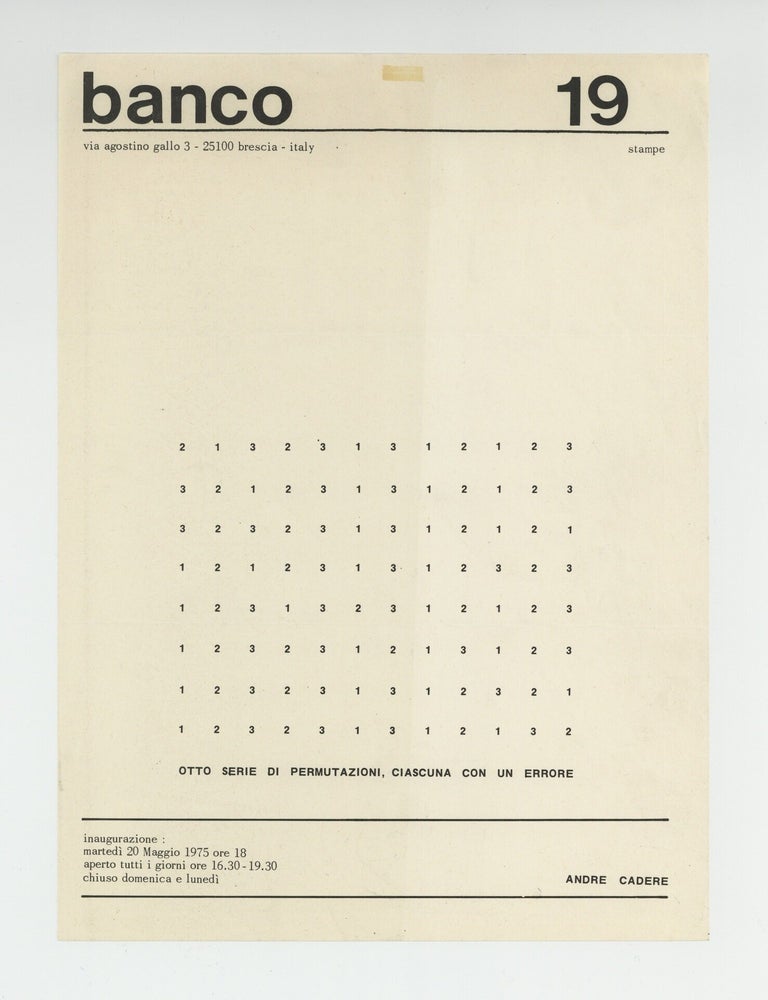 Item ID: 11328 Exhibition flyer: banco 19: Otto Serie di Permutazioni, Ciascuna con un Errore...
