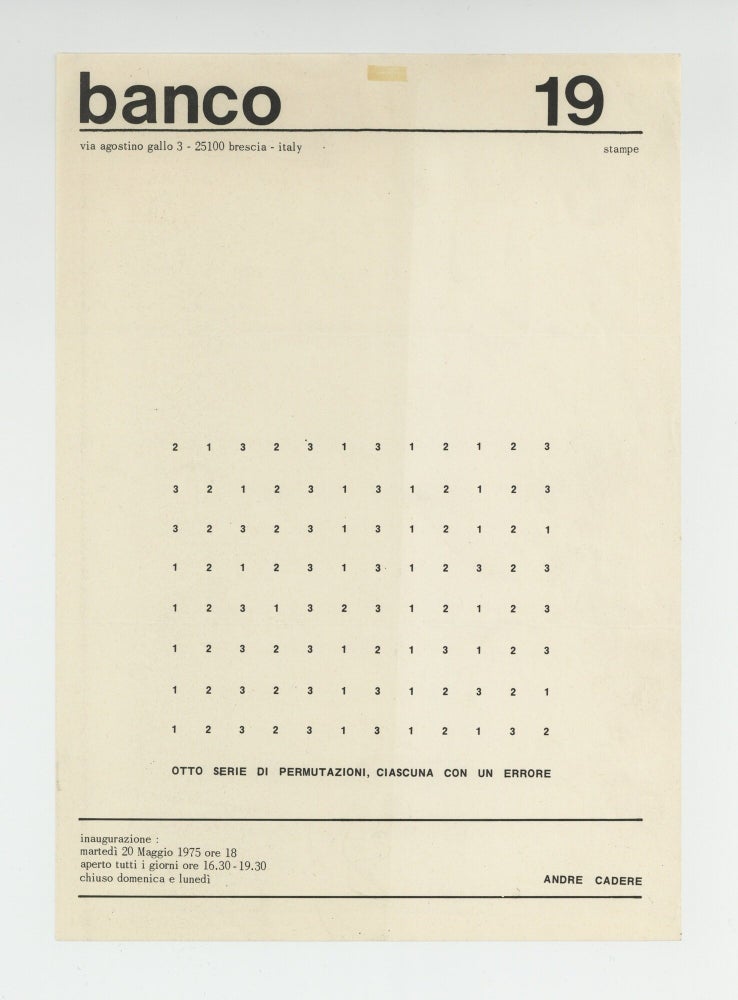 Item ID: 11328 Exhibition flyer: banco 19: Otto Serie di Permutazioni, Ciascuna con un Errore...