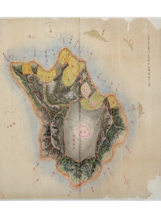 Illustrated handscroll on paper with seven finely colored cartographic images depicting overhead. TOKARA ISLANDS, TOKARA RETTŌ 吐噶喇列島.