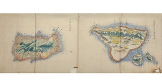 Illustrated handscroll on paper with seven finely colored cartographic images depicting overhead views of seven large & two smaller islands of the Tokara archipelago, part of the larger Ryukyu archipelago.