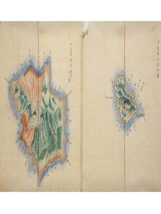 Illustrated handscroll on paper with seven finely colored cartographic images depicting overhead views of seven large & two smaller islands of the Tokara archipelago, part of the larger Ryukyu archipelago.
