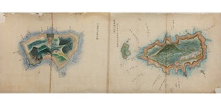 Illustrated handscroll on paper with seven finely colored cartographic images depicting overhead views of seven large & two smaller islands of the Tokara archipelago, part of the larger Ryukyu archipelago.