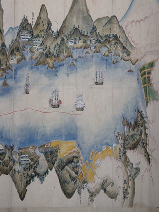 Tall scroll on paper depicting in great detail, using bright colors, the entrance & port of...