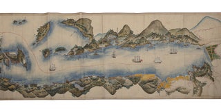 Tall scroll on paper depicting in great detail, using bright colors, the entrance & port of Nagasaki, mounted on modern paper.