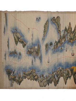 Tall scroll on paper depicting in great detail, using bright colors, the entrance & port of Nagasaki, mounted on modern paper.