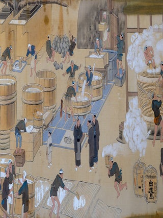 Picture scroll on silk, entitled on manuscript label on outside: &ldquo;Hakutaka shuzō emaki&rdquo; 白鷹酒造絵巻 [&ldquo;Hakutaka Sake Brewers, Illustrated Scroll&rdquo;].