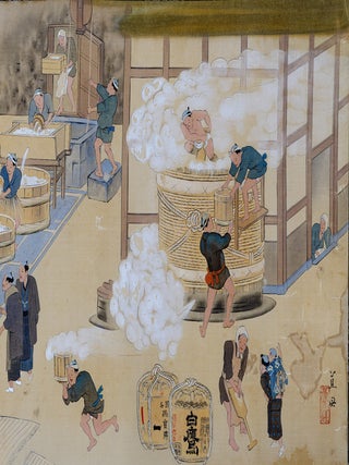 Picture scroll on silk, entitled on manuscript label on outside: &ldquo;Hakutaka shuzō emaki&rdquo; 白鷹酒造絵巻 [&ldquo;Hakutaka Sake Brewers, Illustrated Scroll&rdquo;].