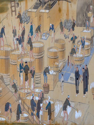 Picture scroll on silk, entitled on manuscript label on outside: &ldquo;Hakutaka shuzō emaki&rdquo; 白鷹酒造絵巻 [&ldquo;Hakutaka Sake Brewers, Illustrated Scroll&rdquo;].