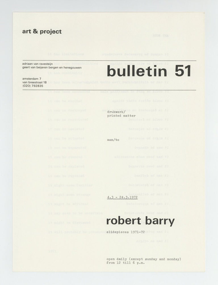 Item ID: 11562 bulletin 51: robert barry, slidepieces 1971-72 (4-24 March 1972). Robert BARRY