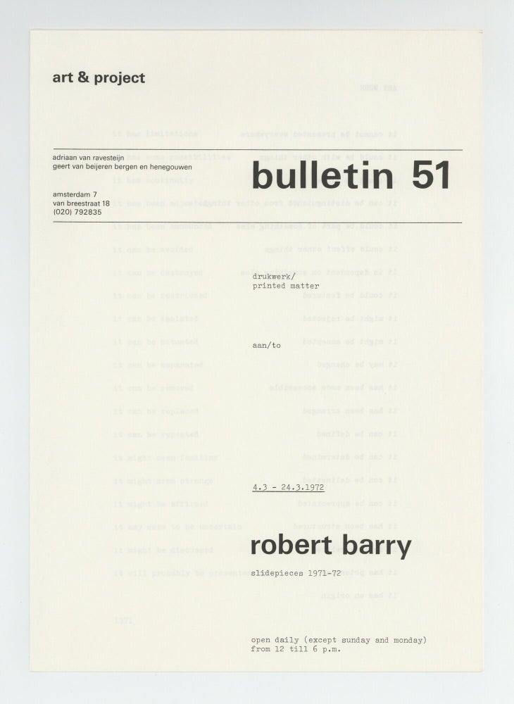 Item ID: 11562 bulletin 51: robert barry, slidepieces 1971-72 (4-24 March 1972). Robert BARRY