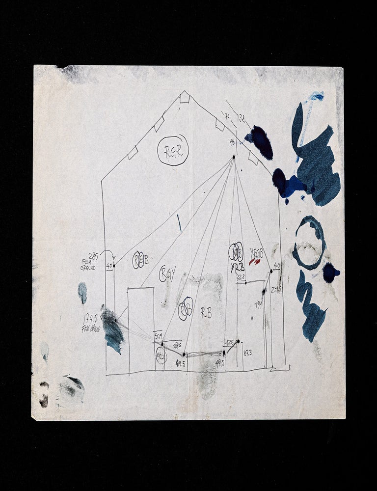 Item ID: 11576 The manuscript plan for LeWitt&rsquo;s Wall Drawing #445: Asymmetrical pyramid with color ink washes superimposed. Sol LEWITT.