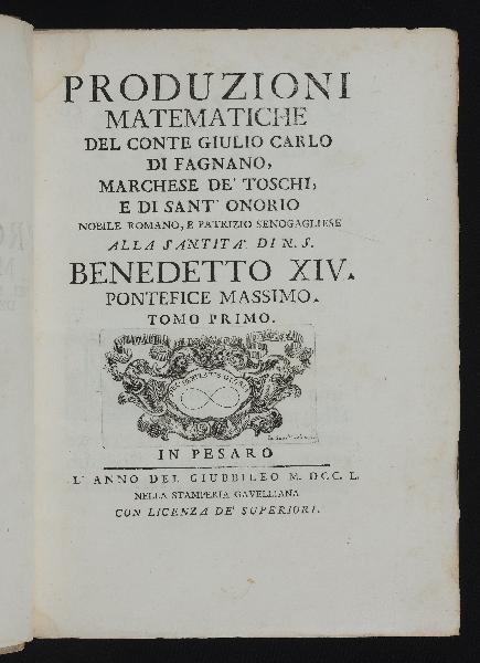 Item ID: 2378 Produzioni Matematiche. Giulio Carlo FAGNANO, Marchese de'Toschi, Conte di.