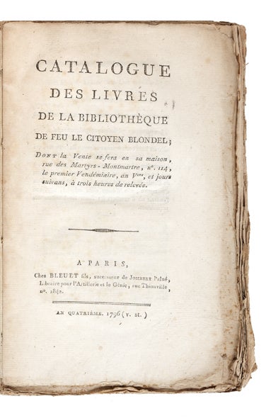 Item ID: 2554 Catalogue des Livres de la Bibliothèque de feu le Citoyen Blondel; dont la Vente...
