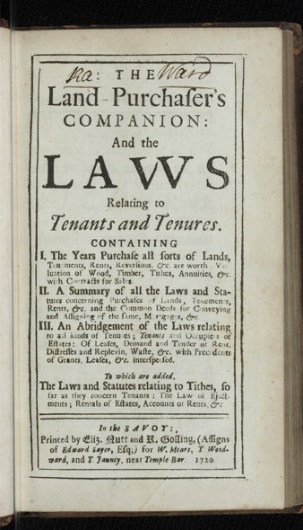 Item ID: 2713 The Land Purchaser's Companion: and the Laws relating to Tenants and Tenures...To which are added, the Laws and Statutes relating to Tithes. Giles JACOB.