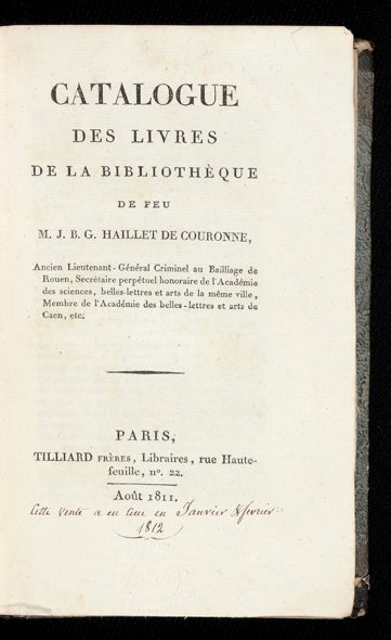 Item ID: 2801 Catalogue des Livres de la Bibliothèque de feu M. J.B.G. Haillet de Couronne,...