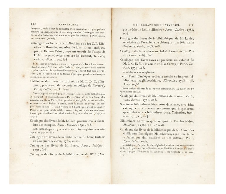 Item ID: 2816 Répertoire Bibliographique Universel, contenant la Notice raisonnée des...