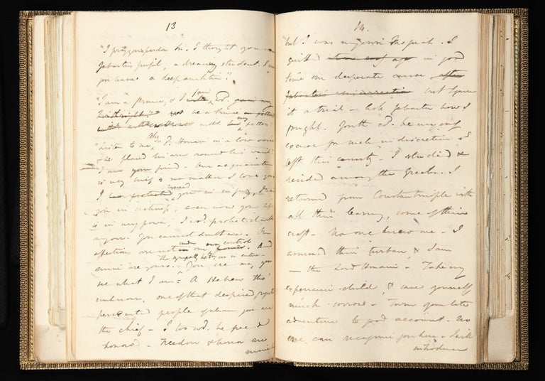 Item ID: 3079 The complete autograph working manuscript of Disraeli’s novel Alroy, 397 leaves, paper of several sizes (the largest is 373 x 225 mm., the smallest 323 x 201 mm.), each leaf mounted on a stub at gutter, bound in two folio vols. (Vol. I: leaves 1-195; Vol. II: leaves 196-397), handsome later 19th-cent. blindstamped panelled morocco, dentelles gilt, spines gilt, t.e.g., others uncut. Benjamin DISRAELI, Earl of Beaconsfield.