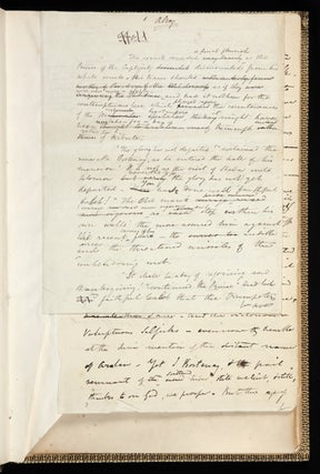 The complete autograph working manuscript of Disraeli’s novel Alroy, 397 leaves, paper of several sizes (the largest is 373 x 225 mm., the smallest 323 x 201 mm.), each leaf mounted on a stub at gutter, bound in two folio vols. (Vol. I: leaves 1-195; Vol. II: leaves 196-397), handsome later 19th-cent. blindstamped panelled morocco, dentelles gilt, spines gilt, t.e.g., others uncut.