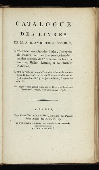 Item ID: 3089 Catalogue des Livres de M. A.H. Anquetil-Duperron; Voyageur aux Grandes Indes,...