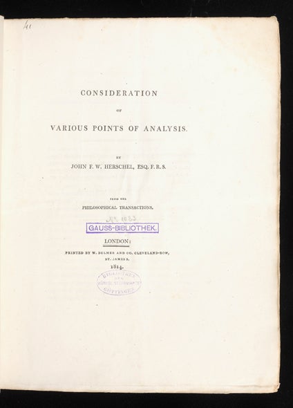 Item ID: 3372 Consideration of Various Points of Analysis...from the Philosophical Transactions. John Frederick William HERSCHEL.