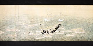 Finely illustrated scroll on paper concerning “Nagasaki karafune zukan” (“Picture scroll of Chinese ship and settlement in Nagasaki.” Scroll measuring 385 x 3360 mm.