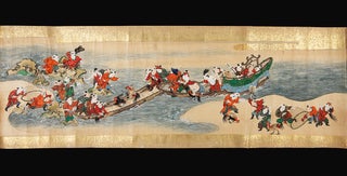 Three picture scrolls (emakimono) on fine paper, with a series of exquisite paintings in vivid colors of Chinese boys (karako) caring & transporting their birds for cockfighting matches with several court scenes. Three scrolls (327 x 3110mm., 327 x 3110 mm., & 327 x 3070 mm.), their backs of shiny paper flecked with gold leaf, brocade endpapers.