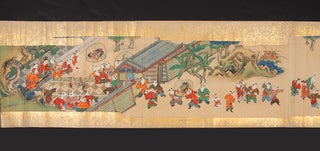 Three picture scrolls (emakimono) on fine paper, with a series of exquisite paintings in vivid colors of Chinese boys (karako) caring & transporting their birds for cockfighting matches with several court scenes. Three scrolls (327 x 3110mm., 327 x 3110 mm., & 327 x 3070 mm.), their backs of shiny paper flecked with gold leaf, brocade endpapers.