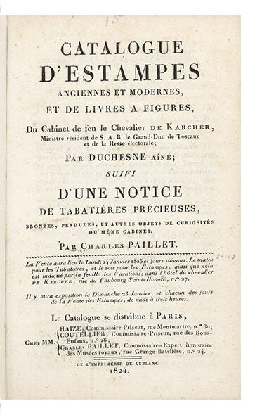 Item ID: 6075 Catalogue d’Estampes anciennes et modernes, et de Livres à Figures du Cabinet de...