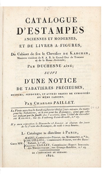 Item ID: 6075 Catalogue d’Estampes anciennes et modernes, et de Livres à Figures du Cabinet de...
