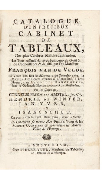 Item ID: 6159 Catalogue d’un precieux Cabinet de Tableaux, des plus célebres Maîtres...