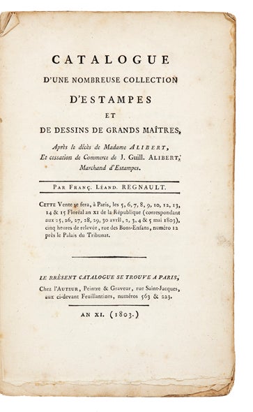 Item ID: 6175 Catalogue d’une Nombreuse Collection d’Estampes et de Dessins de Grands...