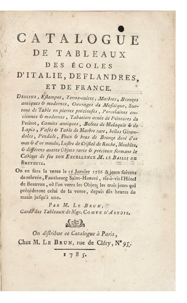 Item ID: 6177 Catalogue de Tableaux des Ecoles d’Italie, de Flandres, et de France. Dessins,...