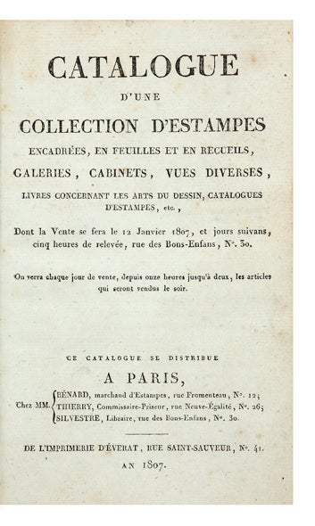 Item ID: 6178 Catalogue d’une Collection d’Estampes encadrées, en feuilles et en recueils,...