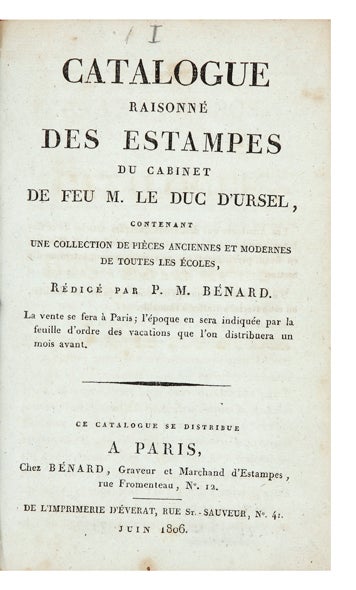 Item ID: 6187 Catalogue raisonné des Estampes du Cabinet de…Rédigé par P. M. Bénard. La...