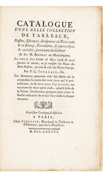 Item ID: 6198 Catalogue d’une belle Collection de Tableaux, Dessins, Estampes, Sculptures en...