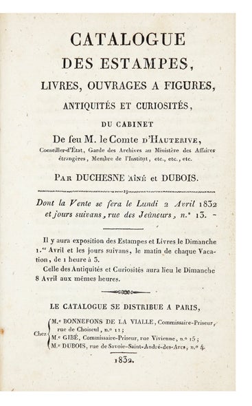 Item ID: 6199 Catalogue des Estampes, Livres, Ouvrages a Figures, Antiquités et Curiosités, du...