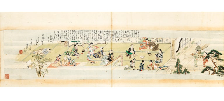 Item ID: 6222 Illustrated scroll on paper, entitled “Shiki no susami” [trans.: “Four Seasons of Pleasure Seeking”]. JOURNEY TO THE PLEASURE QUARTER.
