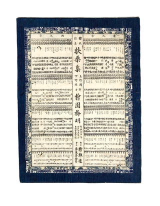 A collection of 118 printed broadsides, ranging from 308 x 450 mm. to 156 x 95 mm., produced as notices by various kyoka poetry societies, all carefully bound in one orihon silk-covered album. Upper cover title-slip: “Dai surichirashi shuran” [trans.: “Various broadsides & sheets collected & pasted in an album”].