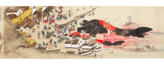 A long, dramatic, and very finely illustrated scroll on paper (backed with mica paper & with wormholes repaired) with many fine brush and color paintings, including the use of gold & silver.