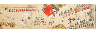 A long, dramatic, and very finely illustrated scroll on paper (backed with mica paper & with wormholes repaired) with many fine brush and color paintings, including the use of gold & silver.