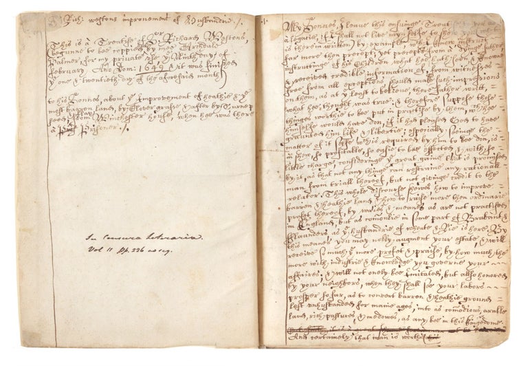 Item ID: 6537 Manuscript on paper of an early version of Weston’s highly important A Discours of Husbandrie used in Brabant and Flanders (1st printed ed.: 1650), entitled on verso of first leaf “Sir Rich: westons improvement of Husbandrie…coppied by mee Archdale Palmor, for my private use, ye Ninth day of February Ano Dom: 1649…” and signed by him on recto of same leaf “Arch: Palmor his Booke ye februa: 9th. Ano Dom: 1649.”. Sir Richard WESTON.